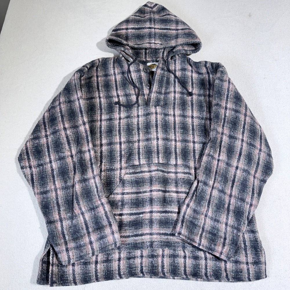 Vintage Earth Ragz Baja Hoodie Mens Large Gray Pink Plaid Woven Pullover
